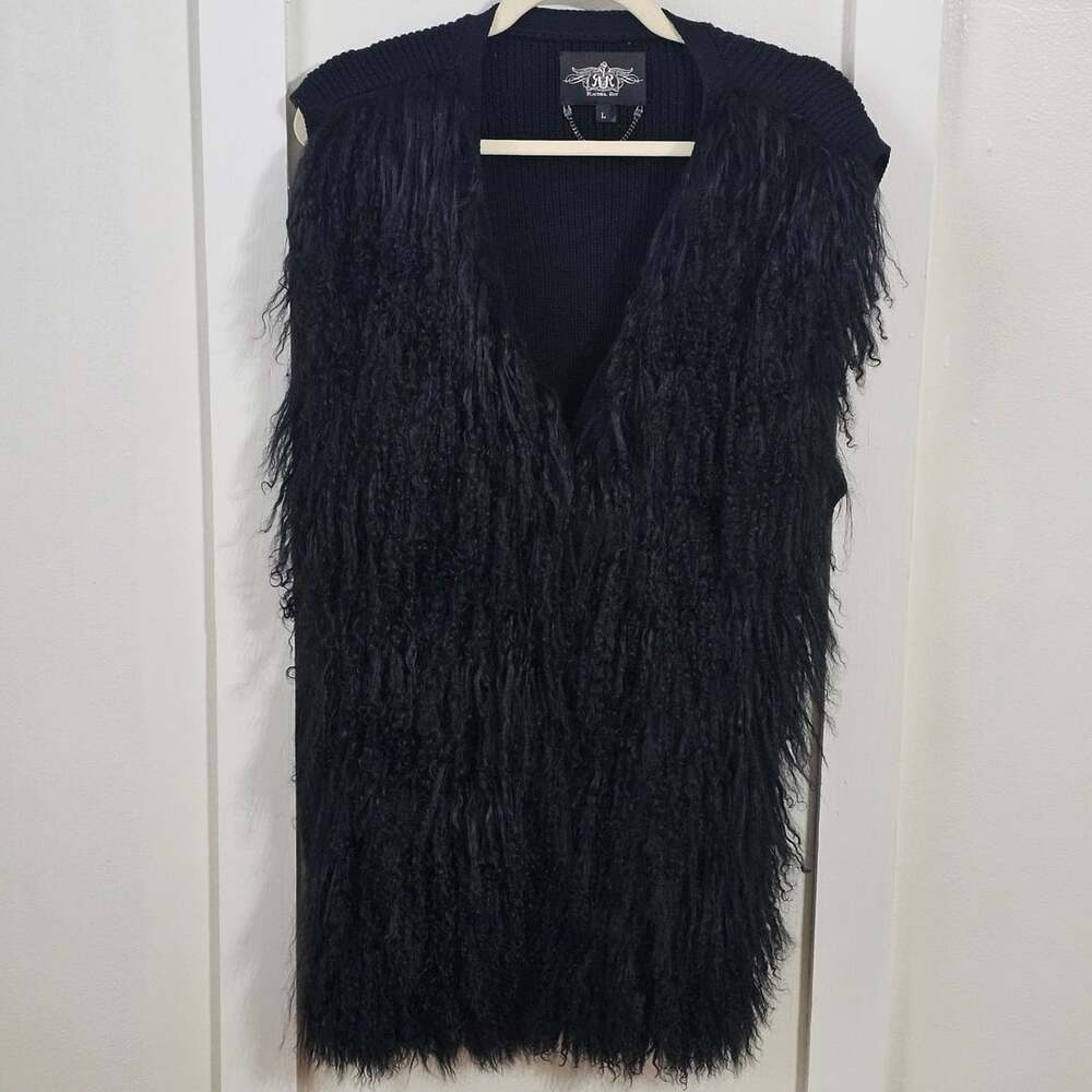 Rachel Roy Black Genuine Shearling Lamb Wool Long Vest L Shaggy Boho Goth